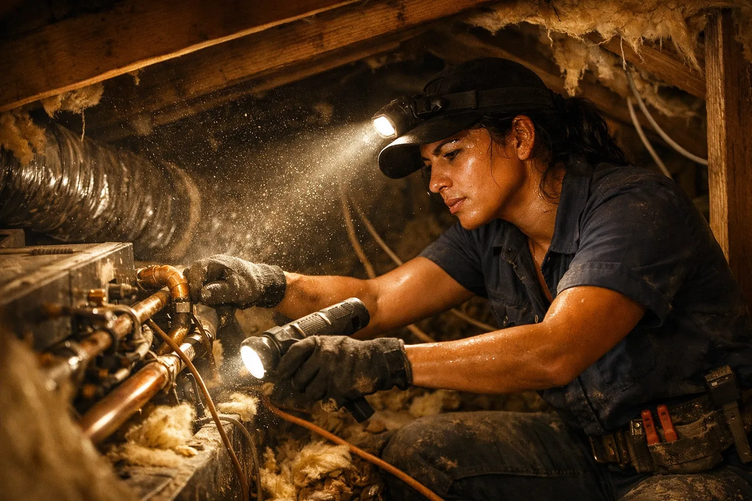 A busy female HVAC technician working in a hot Florida attic, unable to answer a missed call.