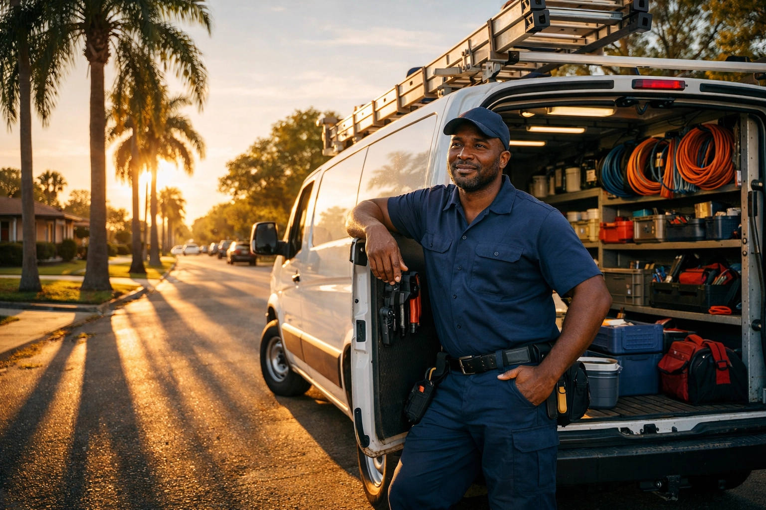Professional plumber in Sarasota stands by his van after a job booked via AI lead automation.