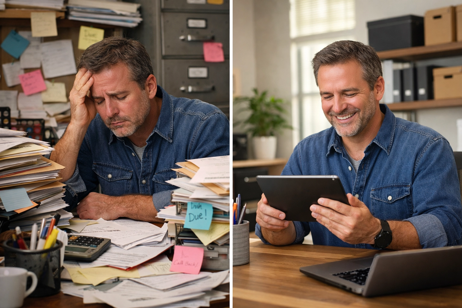 Small business owner comparing paper chaos to organized digital workflow on tablet