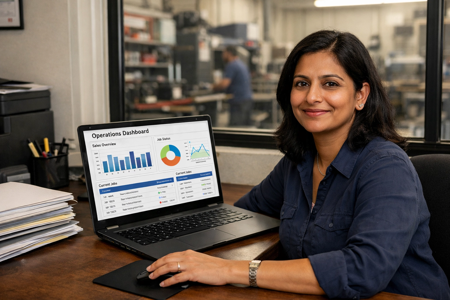 Small business owner reviewing a clean operations dashboard in a realistic office setting