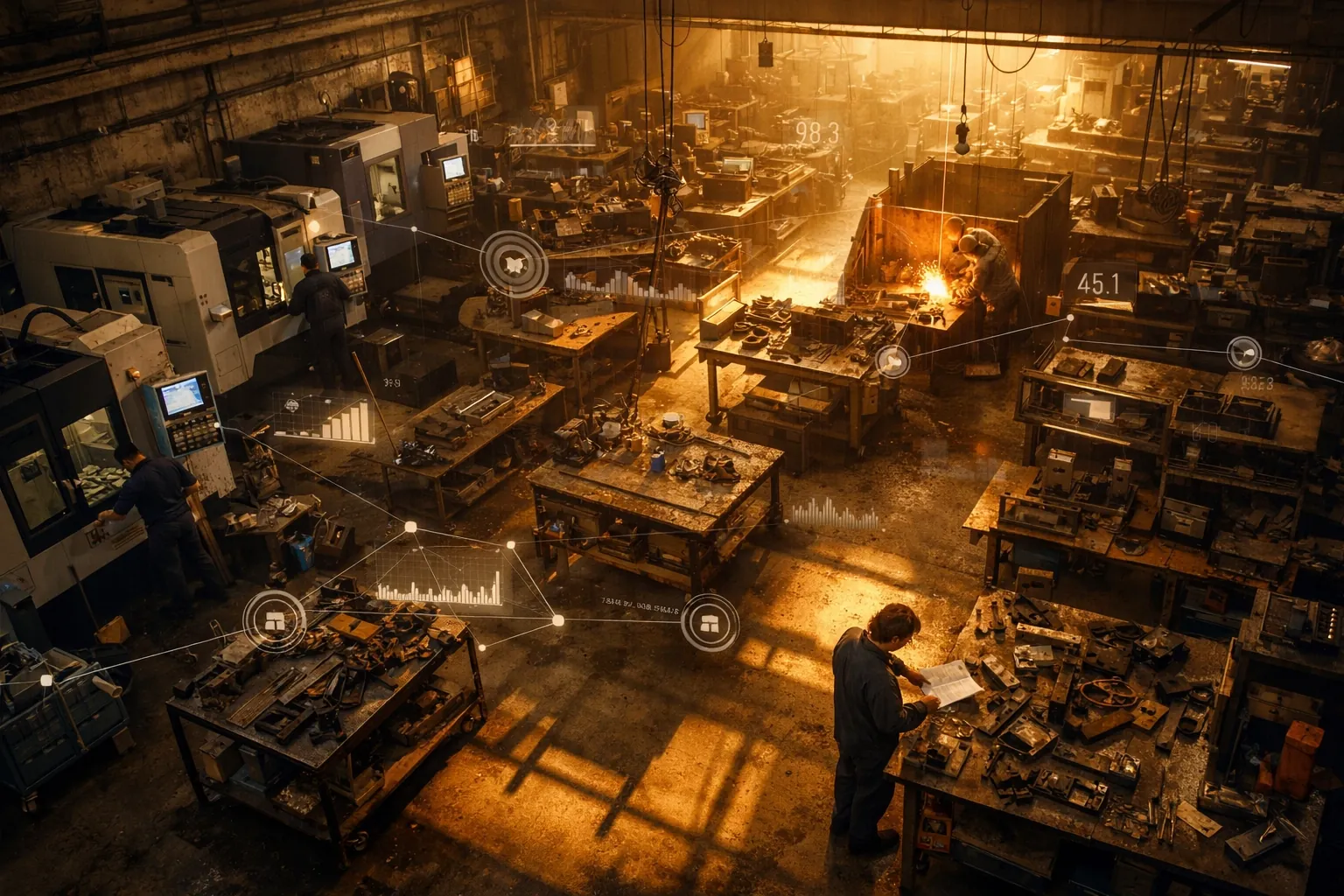 Manufacturing job shop floor with autonomous AI monitoring systems optimizing production workflow