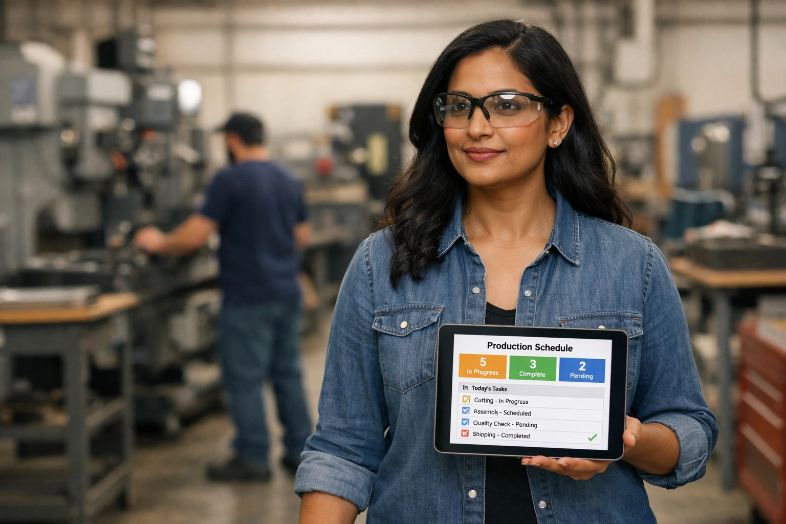 Business owner using a tablet with a production schedule on a real job shop floor