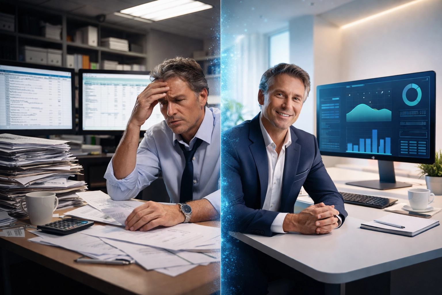 Split-screen image shows stressed business owner before AI automation and confident owner after streamlined solutions