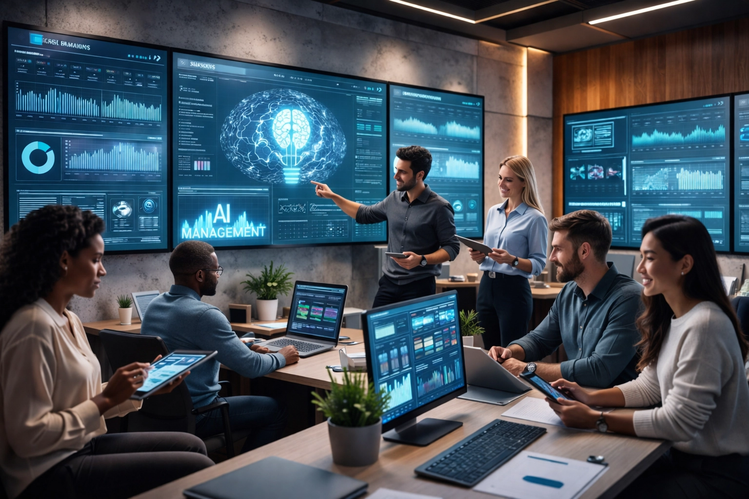 Team members in a high-tech operations center monitor AI-powered workflow analytics for business process optimization