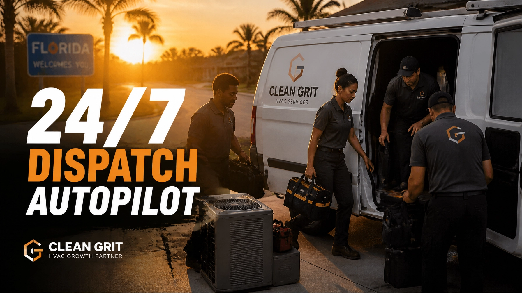 Diverse HVAC team loading tools into a clean white van at Florida sunrise — 24/7 Dispatch Autopilot