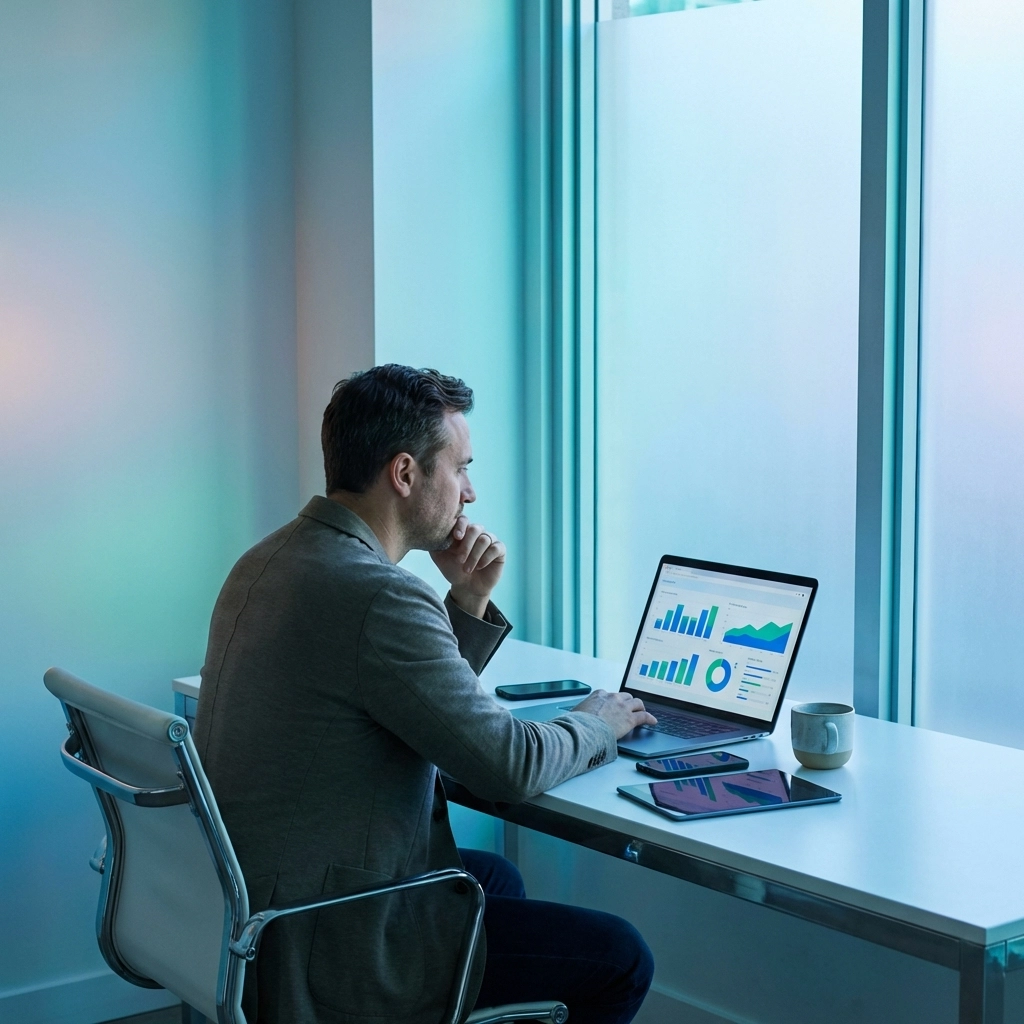 Small business owner reviewing AI analytics dashboard showing competitive advantages of automation