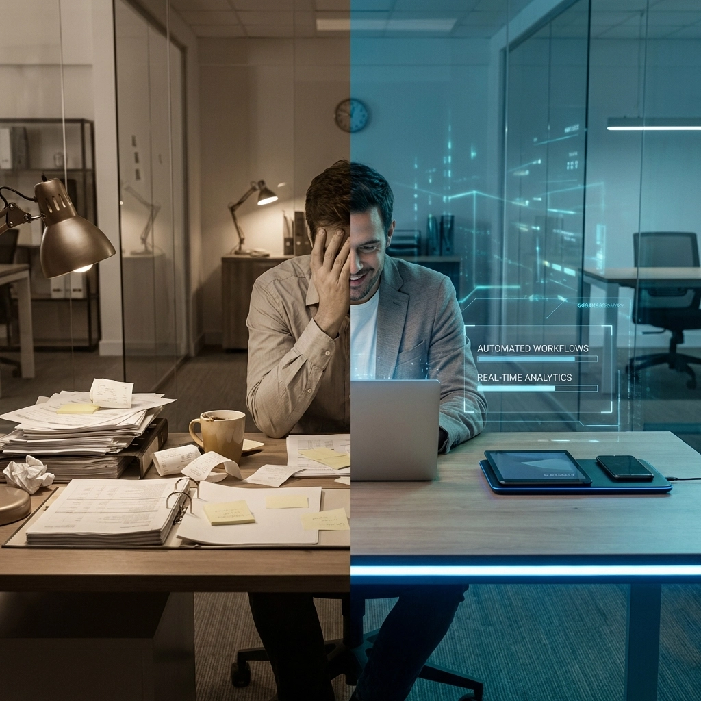 Side-by-side comparison showing stressed business owner vs relaxed owner using AI automation