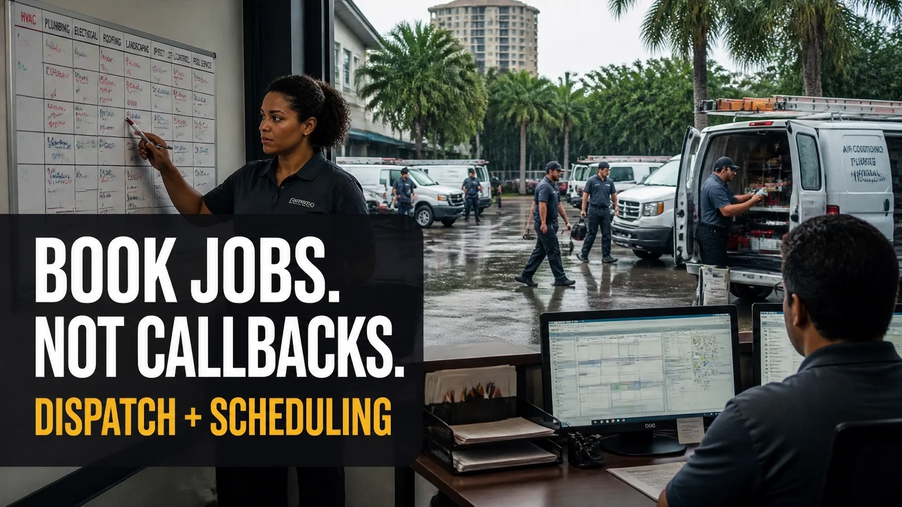 Florida trade dispatcher reviewing a scheduling board while technicians prepare service vehicles in the rain, with text reading Book Jobs Not Callbacks