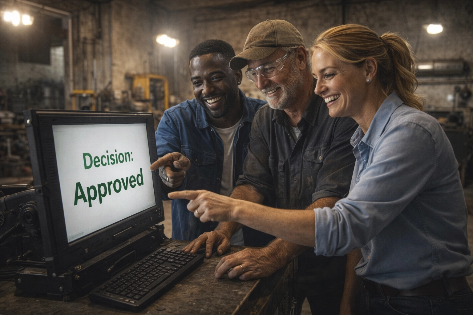 Decision support clarity: Marcus, Jack, and Sarah align around a single 'Decision: Approved'