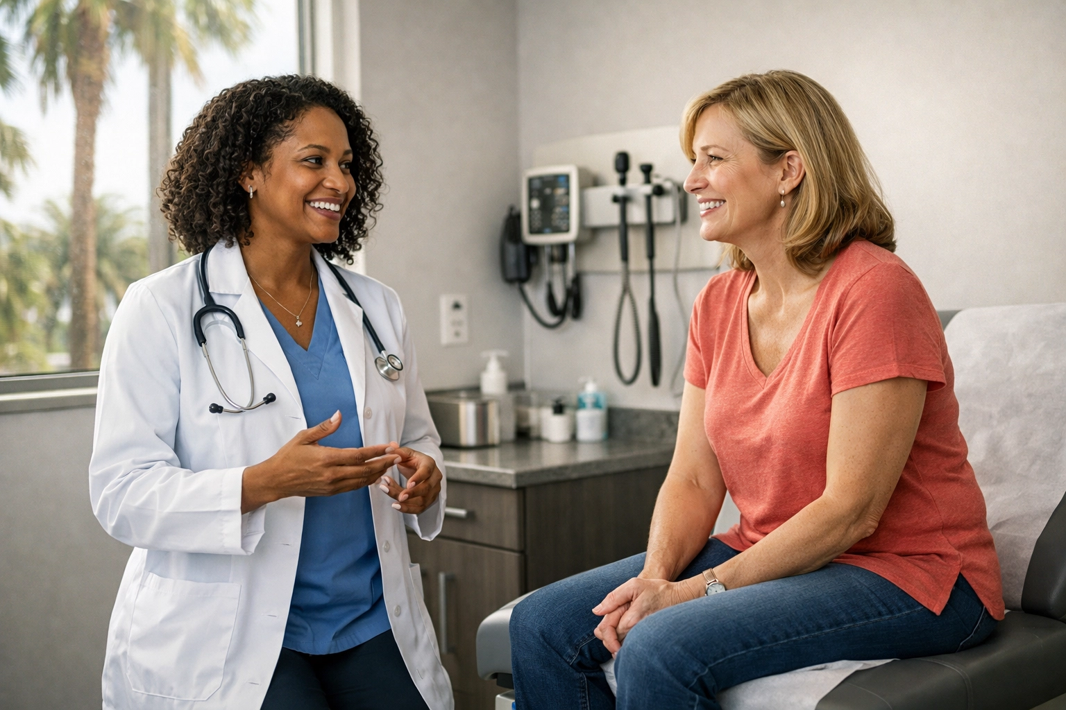 Professional medical consultation in Florida with a happy patient and clinician in a modern exam room.