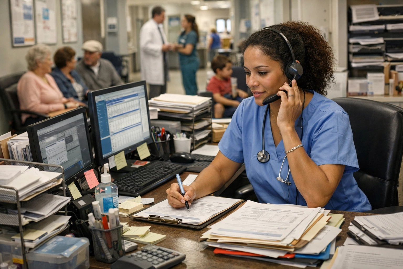 Busy clinic receptionist or patient coordinator handling manual intake paperwork at a medical front desk.