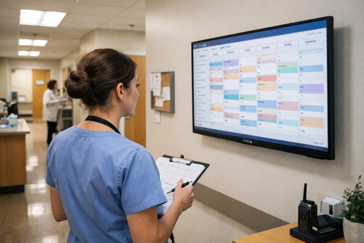 Medical clinic staff reviewing a digital scheduling board as automated intake reduces scheduling friction.