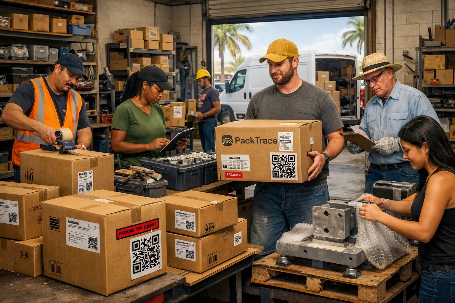Florida small business staging custom parts and labeled boxes with visible QR code labels in a warehouse, relevant to PackTrace package and ownership tracking