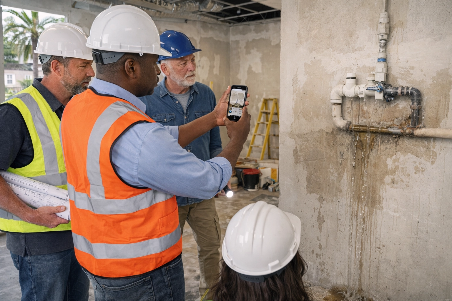 Florida contractor on a job site using a smartphone to document issues, relevant to SnagSheet photo-to-punch-list workflows