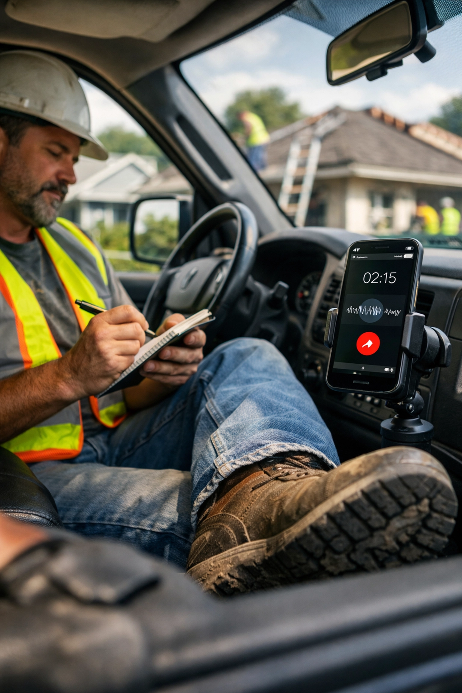 Florida roofing contractor using automated documentation tools during job site break