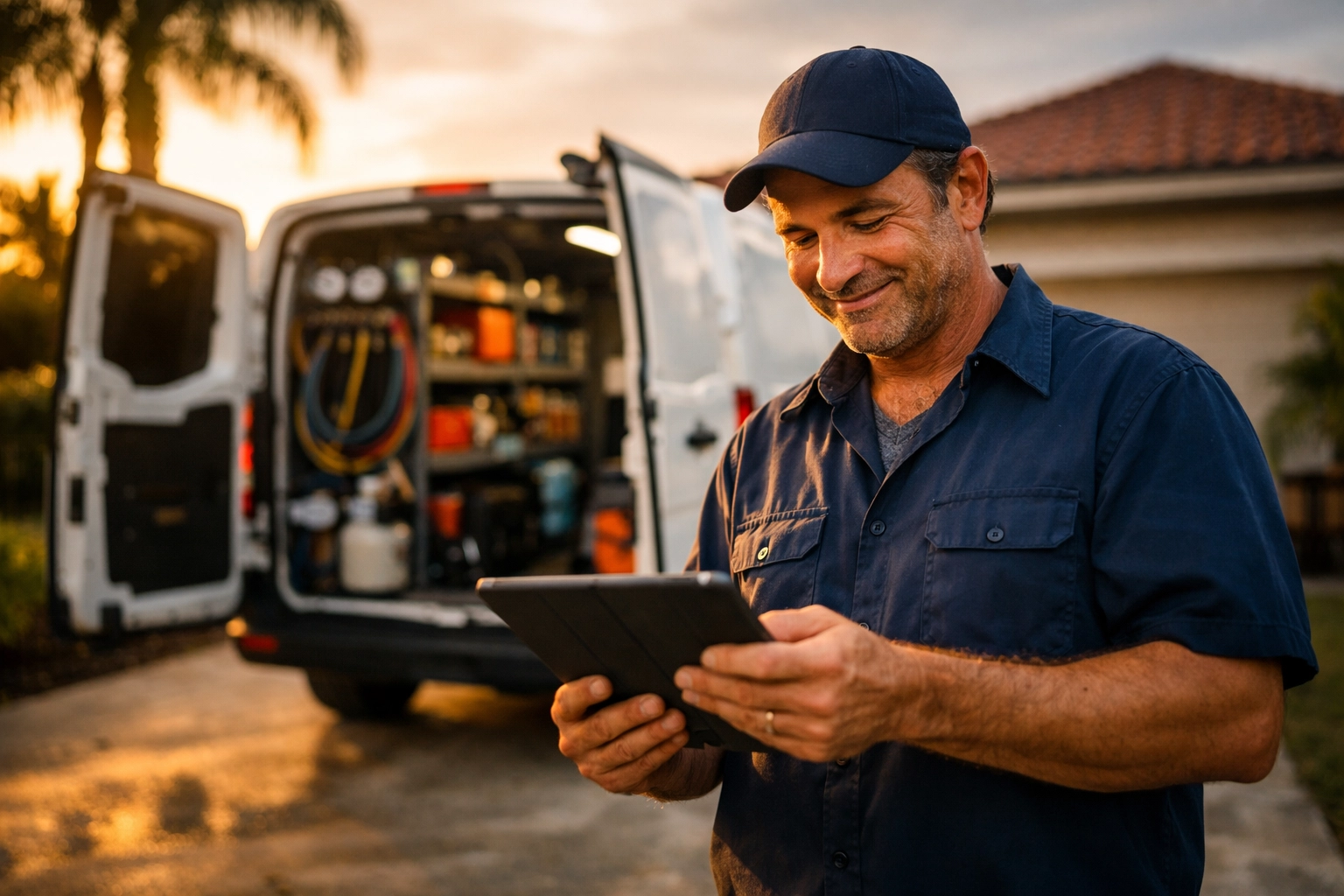 Florida HVAC contractor checking automated follow-up system on tablet by service van