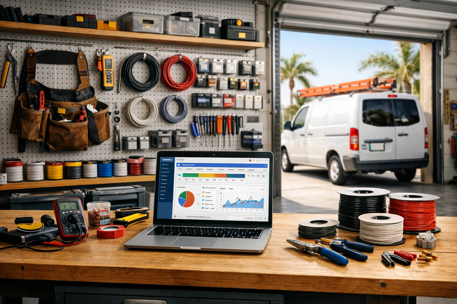 Organized electrician workshop with CRM automation system on laptop workbench