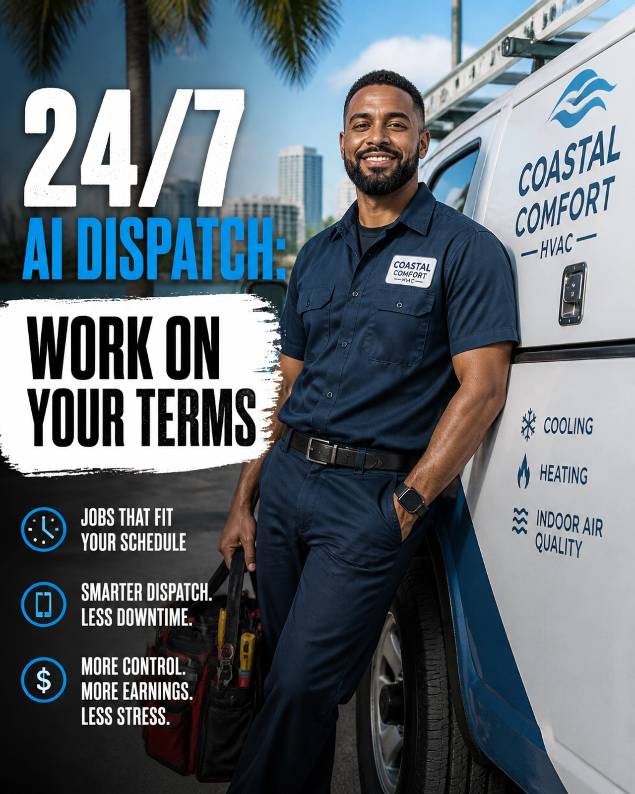 Professional HVAC technician refreshed and organized with 24/7 AI dispatch