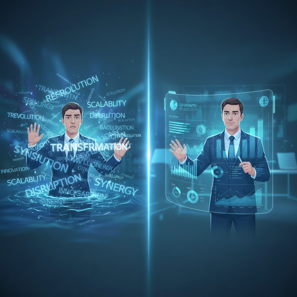 Business leader transformation from drowning in confusing tech jargon to confidently presenting clear growth metrics