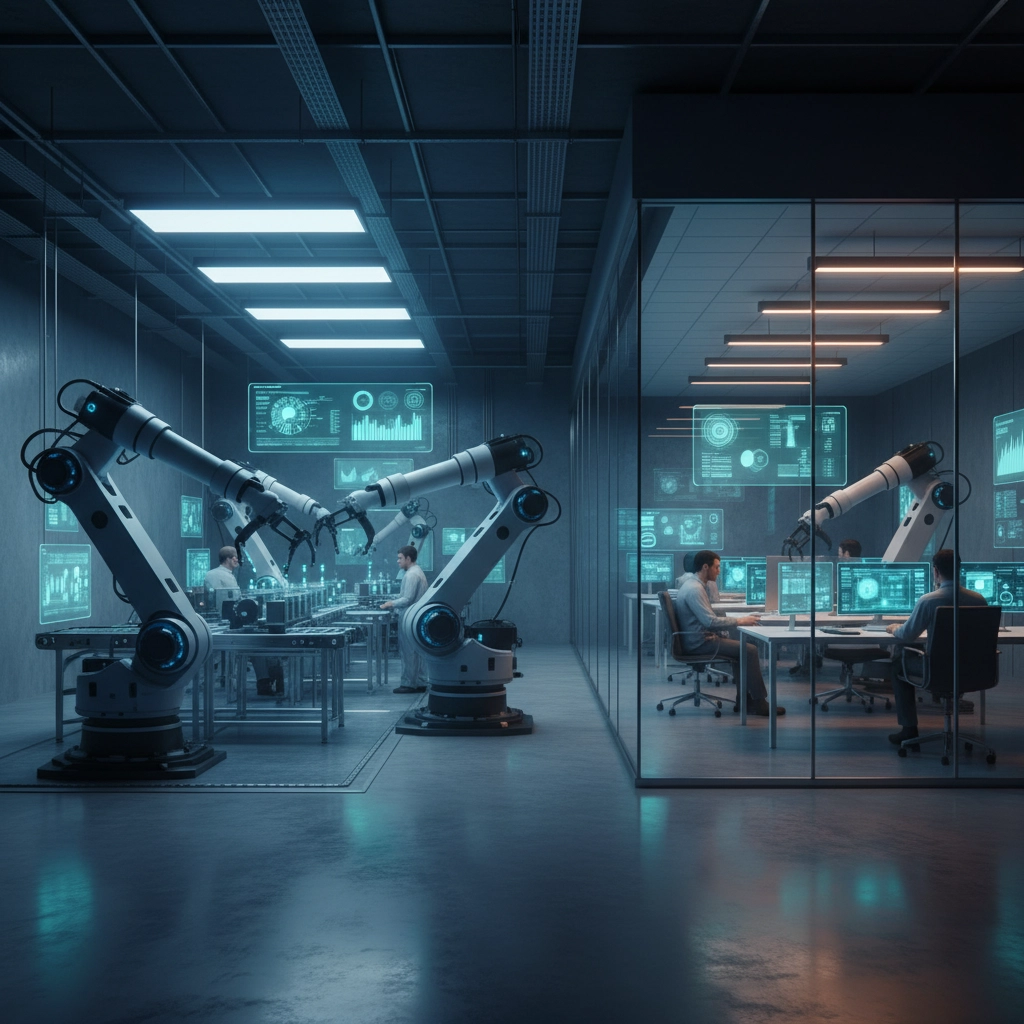 Modern manufacturing facility with AI-powered robotic automation and real-time digital dashboards