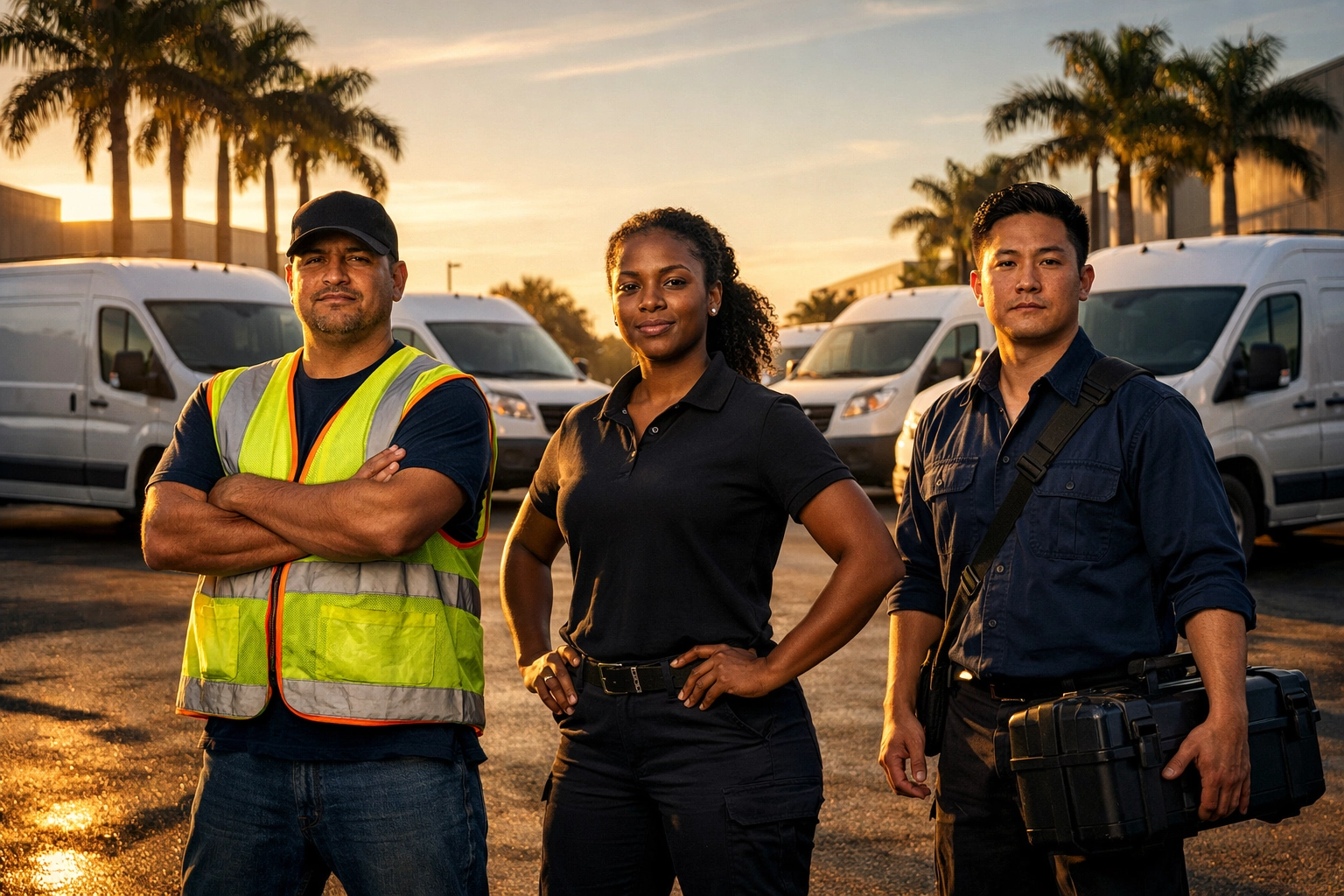 A diverse team of trade professionals standing with their service vans at a Florida industrial park.