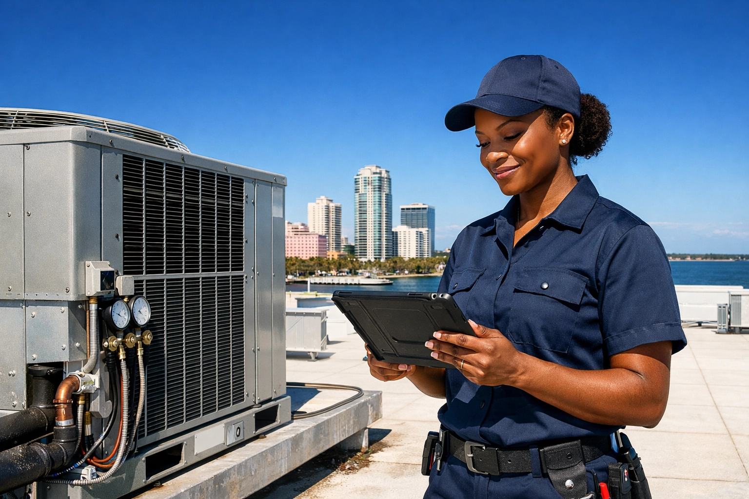 A female HVAC technician in St. Petersburg checking booked appointments on a tablet on a rooftop.