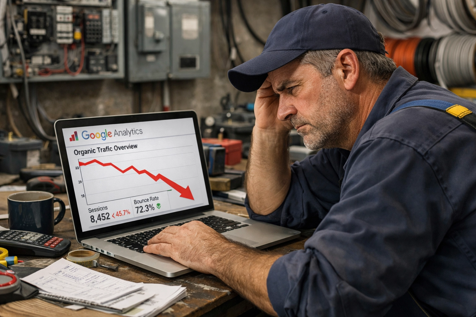 Small business owner reviewing declining Google Analytics traffic on laptop in workshop