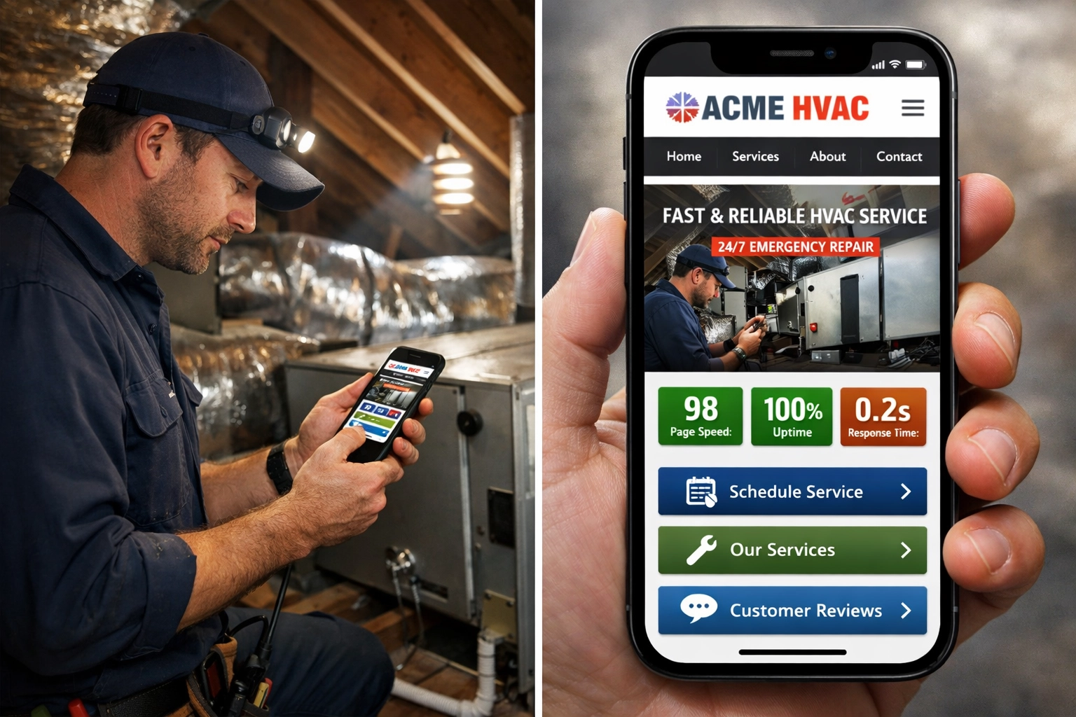 HVAC technician using mobile-optimized business website with fast loading speed in field