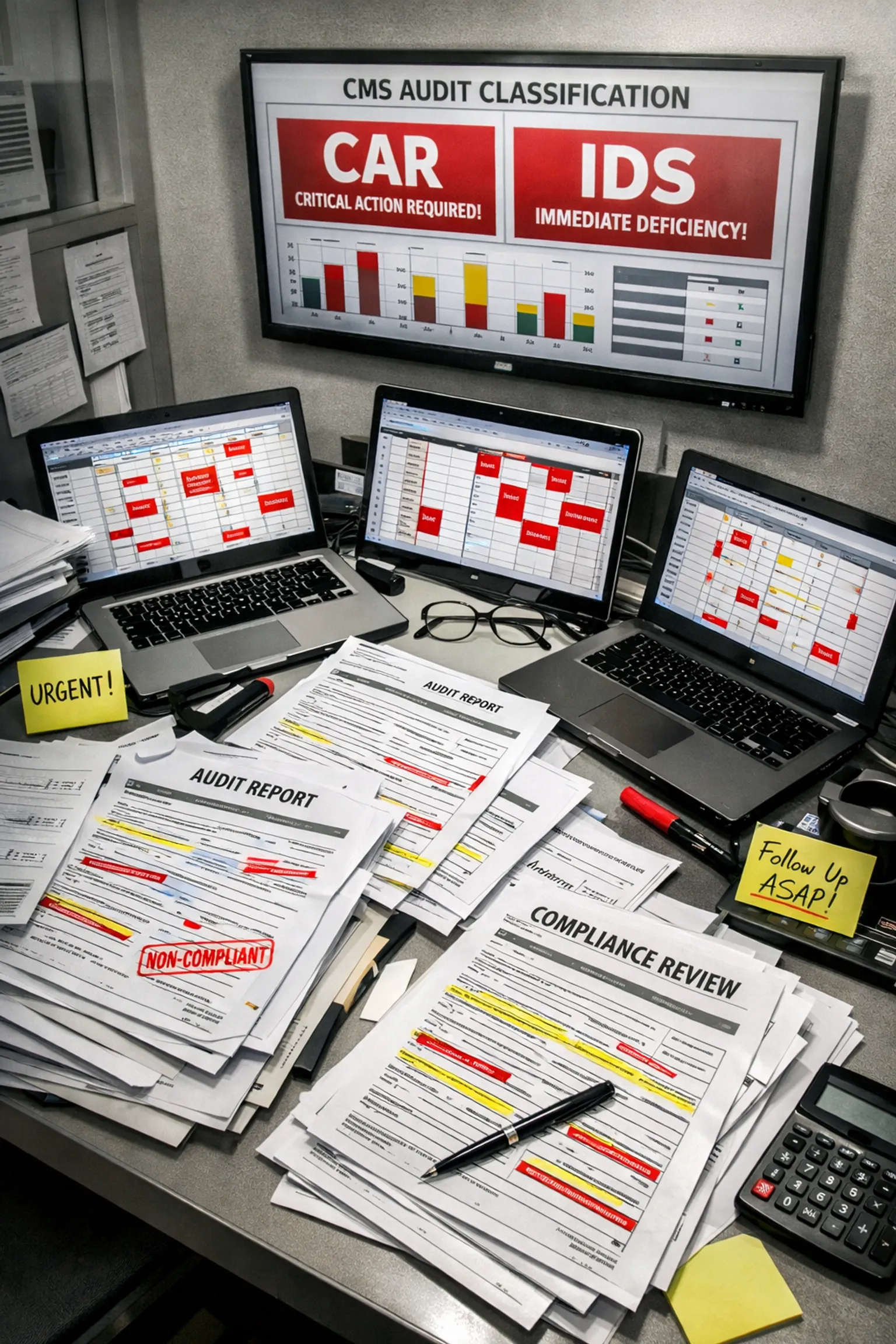 Healthcare compliance officer desk cluttered with manual audit paperwork and CMS alerts on monitor
