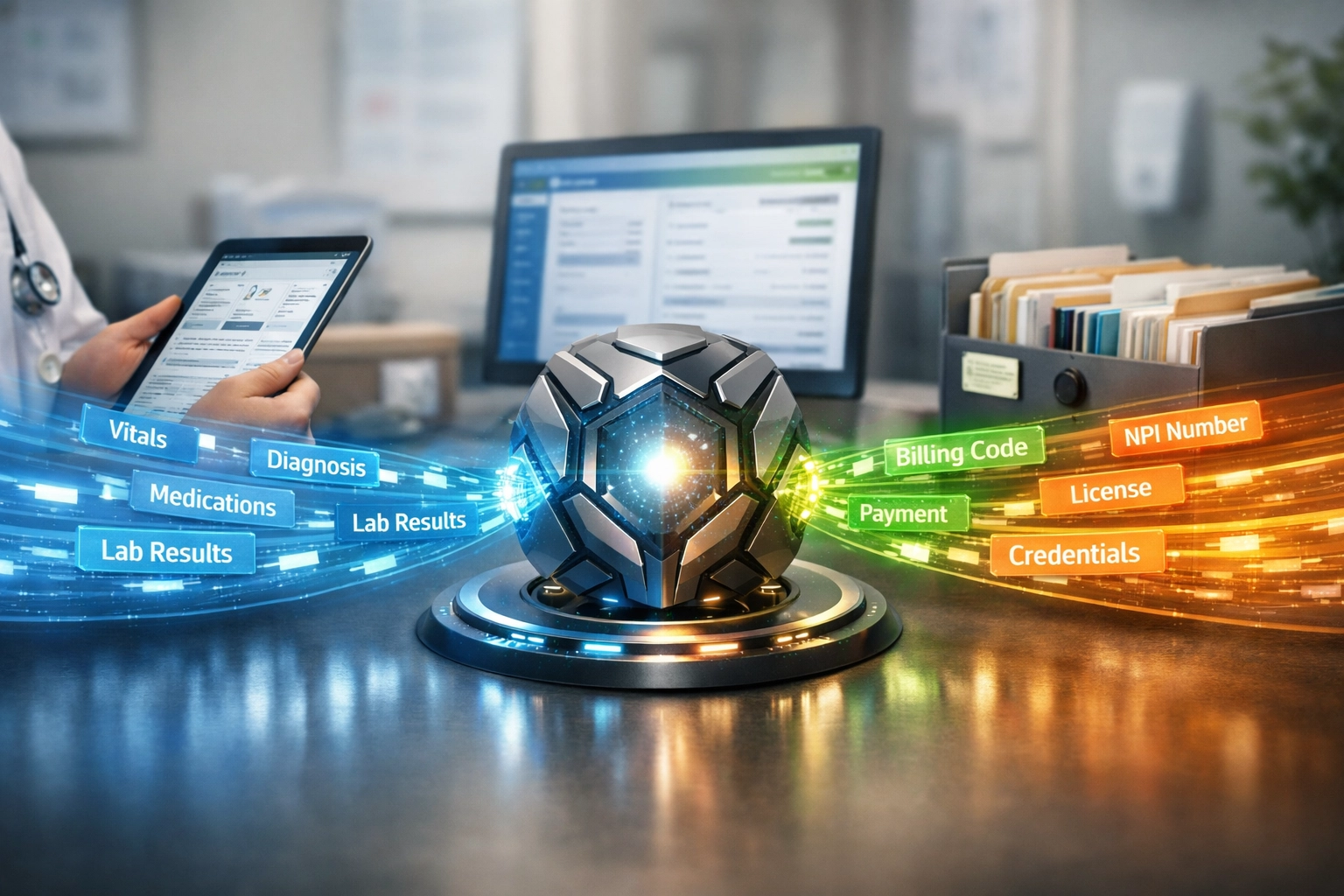 Autonomous healthcare data collection system with metadata from patient records and billing systems