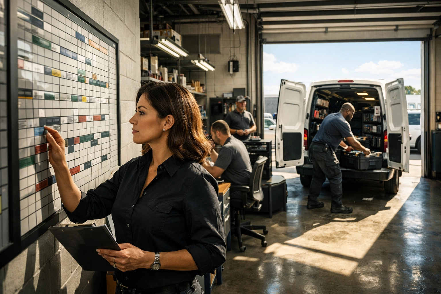 Professional St. Petersburg trade office staff and technician preparing a service van for a local job