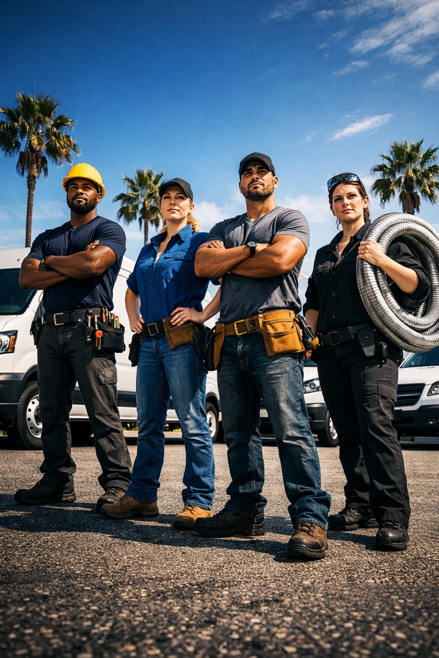 A diverse team of Florida trade professionals standing proudly with their fleet of scaled service vans