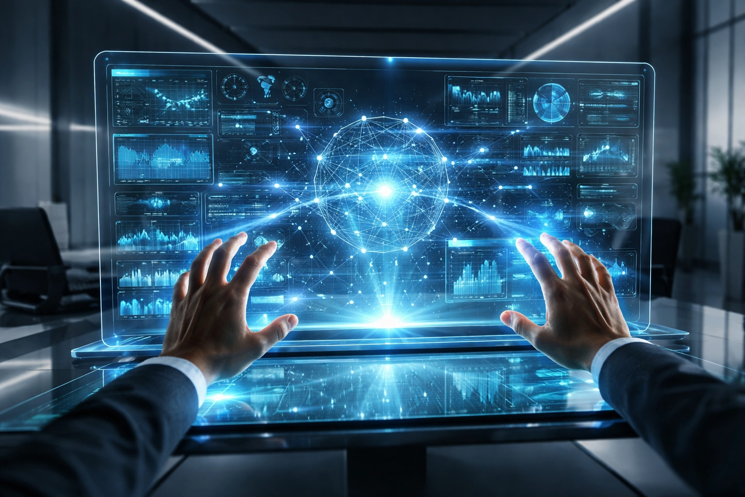 Modern office with interactive holographic dashboard, showing advanced decision support system in use