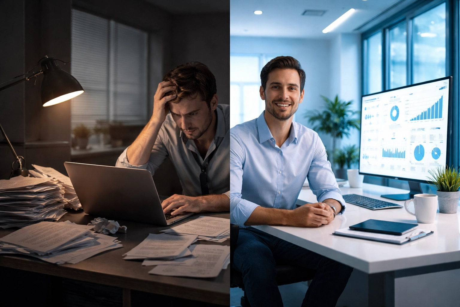 Split image of overwhelmed and confident business owner, highlighting decision support transformation