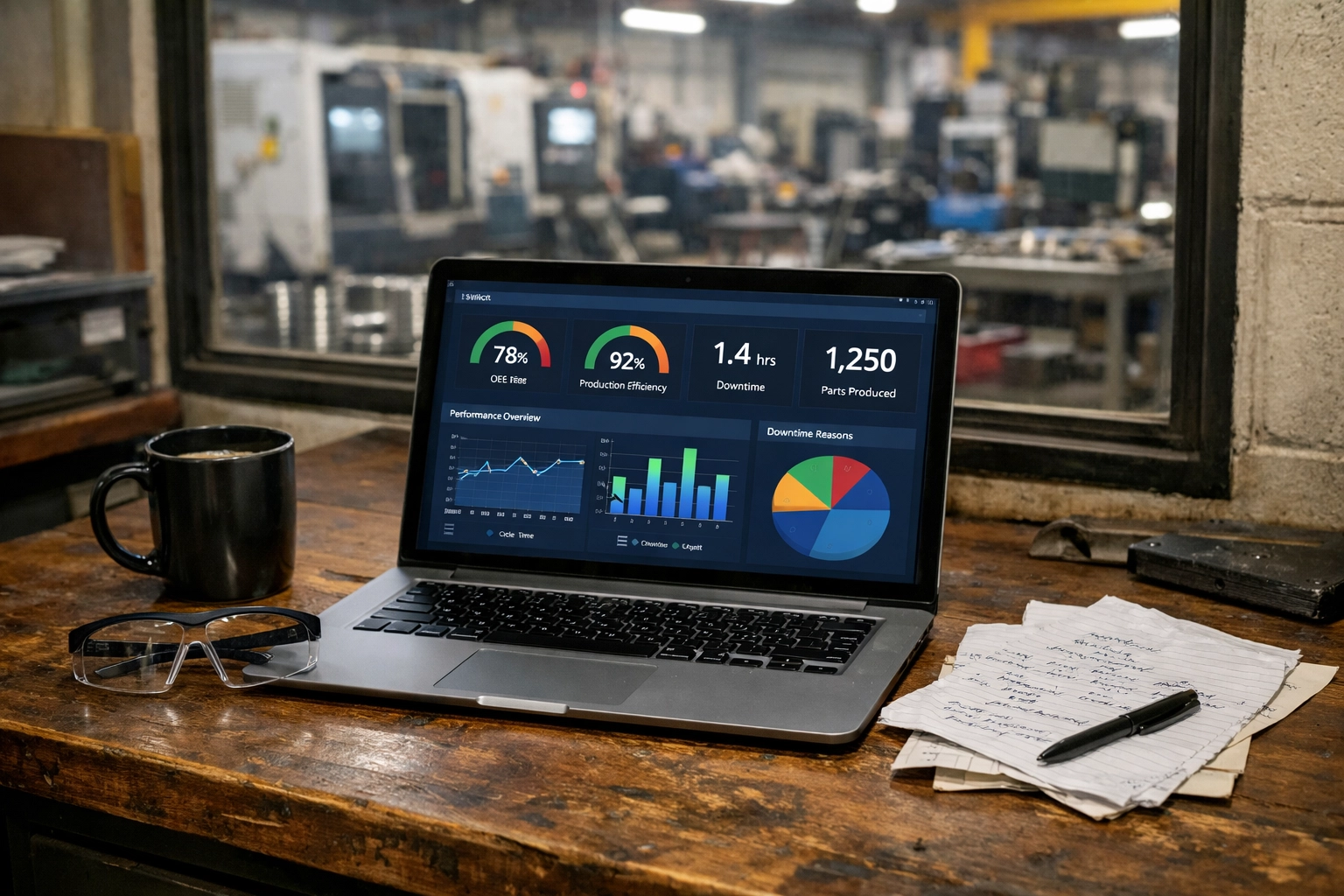 Machine shop office with real-time production analytics dashboard and CNC equipment