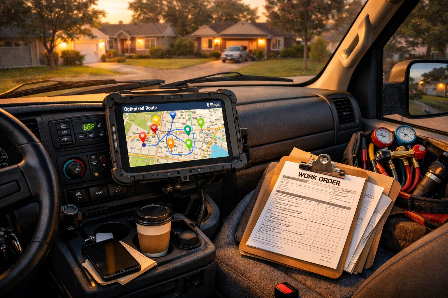 HVAC service truck dashboard with AI-powered route optimization tablet