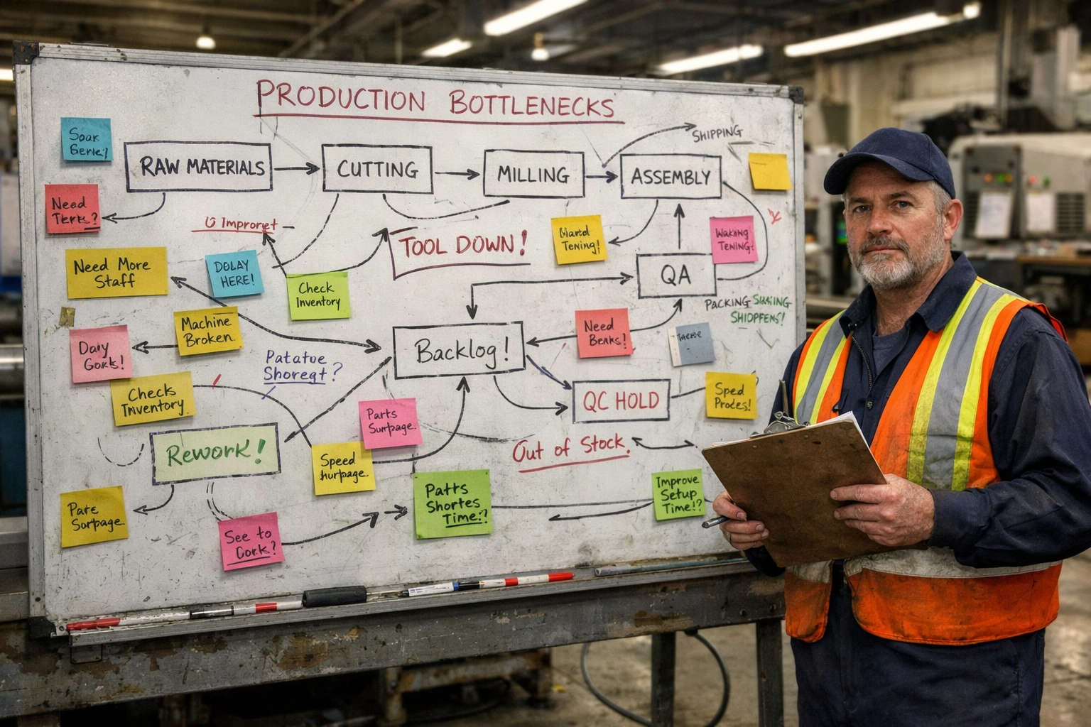 Manufacturing supervisor mapping production bottlenecks and decision workflows on factory whiteboard