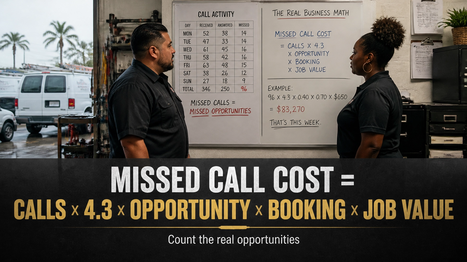Florida plumbing and electrical office team reviewing call data with the overlay MISSED CALL COST = CALLS × 4.3 × OPPORTUNITY × BOOKING × JOB VALUE