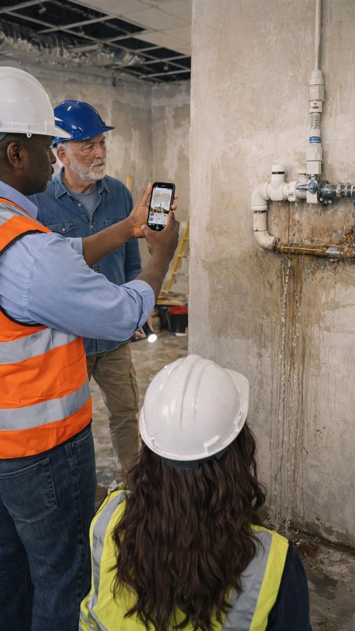 A contractor taking a photo of a leaking pipe, demonstrating manual work vs automated tracking.