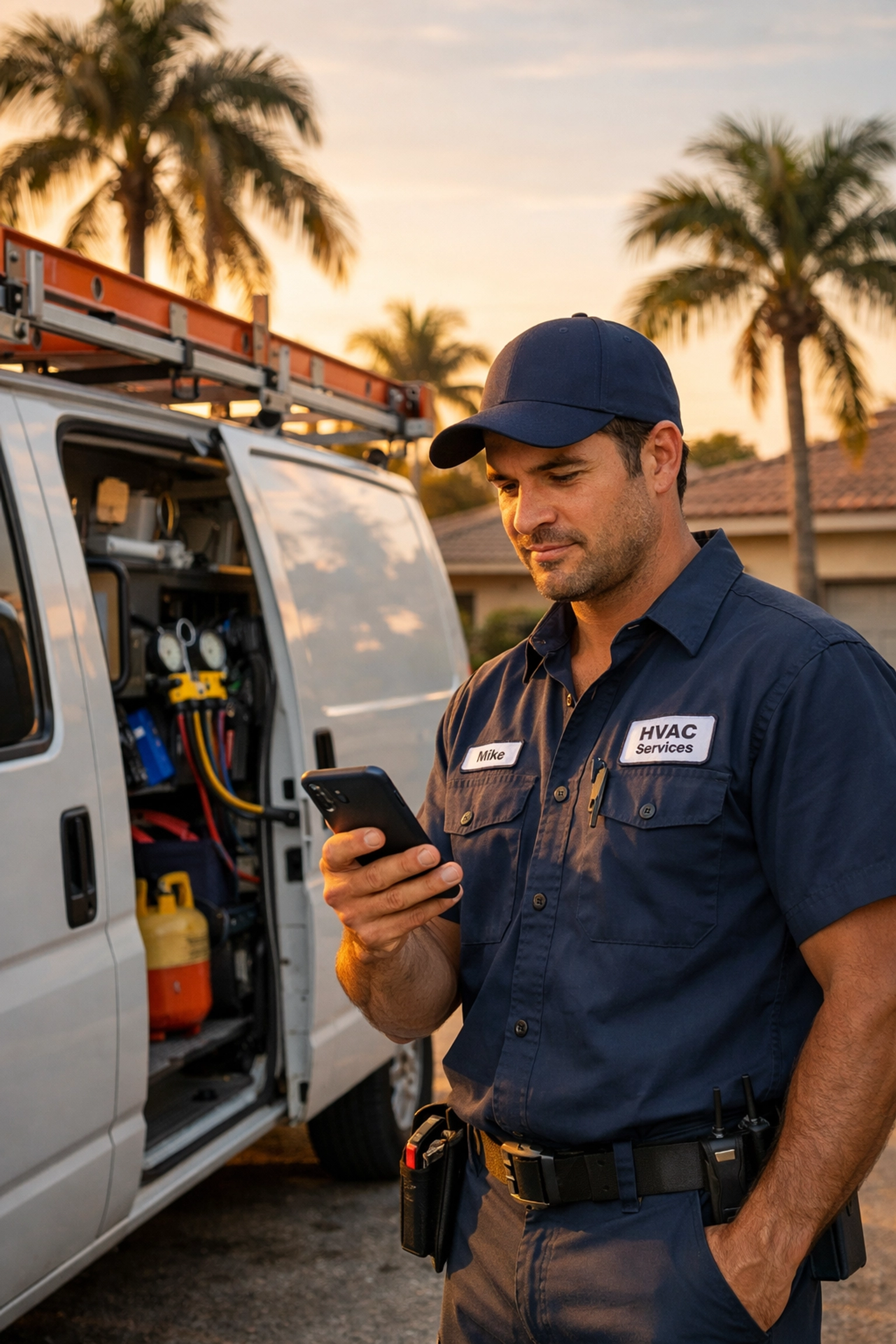 Florida HVAC technician responding to customer lead on smartphone next to service van