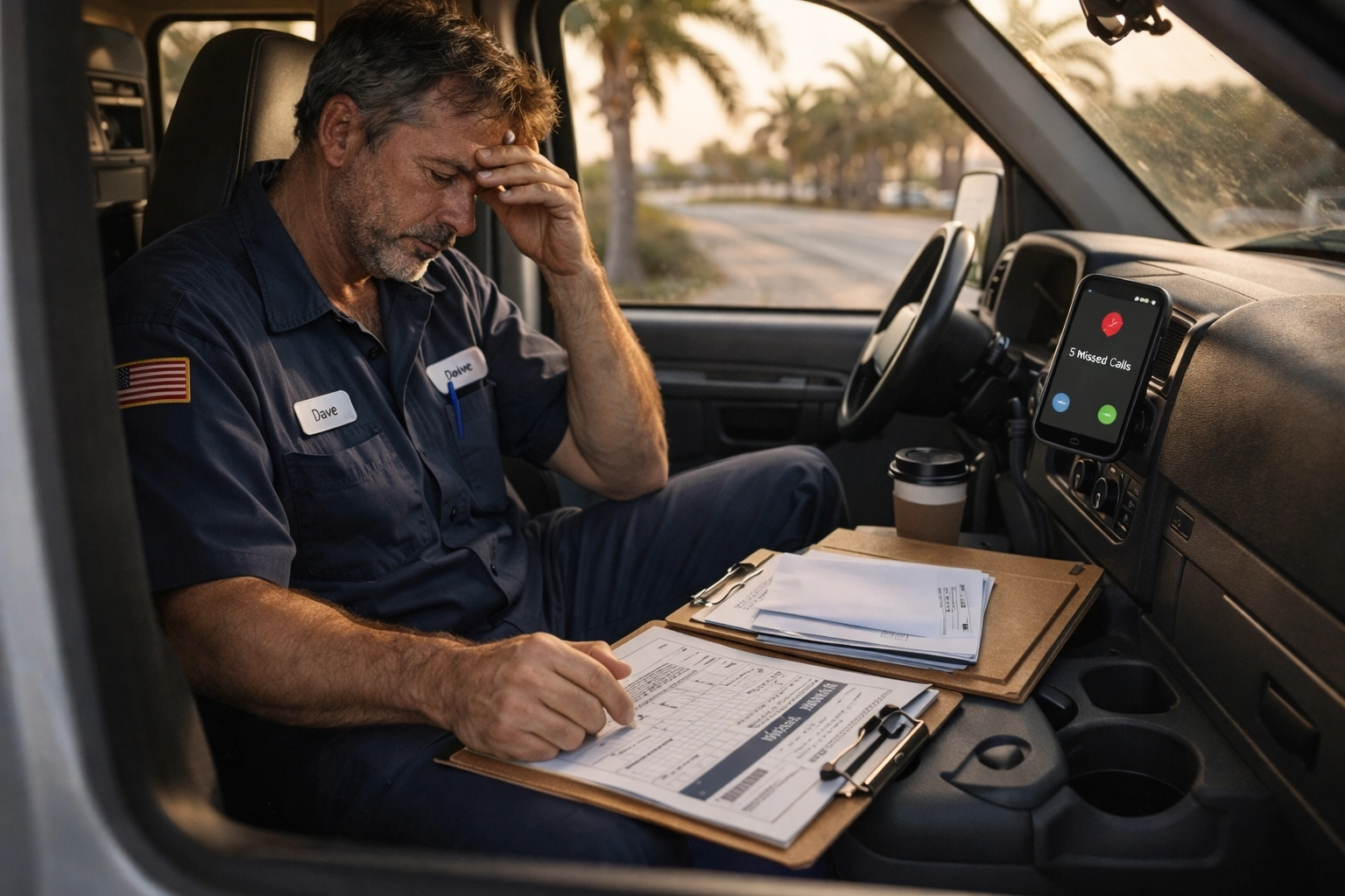 Florida HVAC technician overwhelmed by paperwork and missed calls in service van