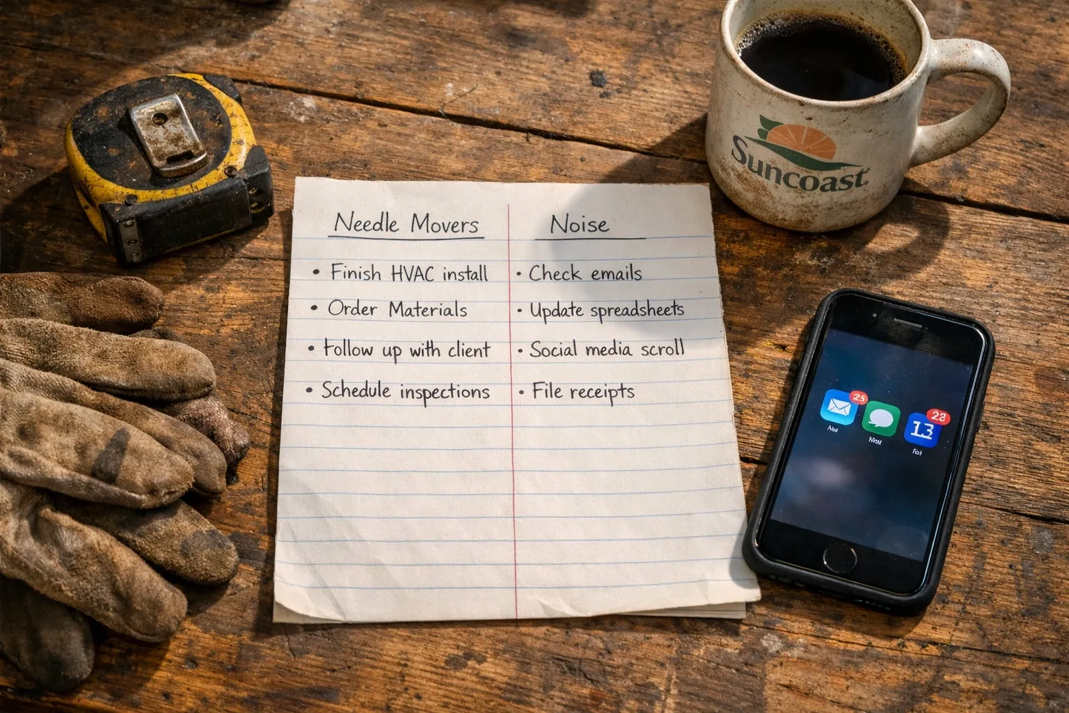 10-minute business audit worksheet on workbench showing needle movers vs noise tasks