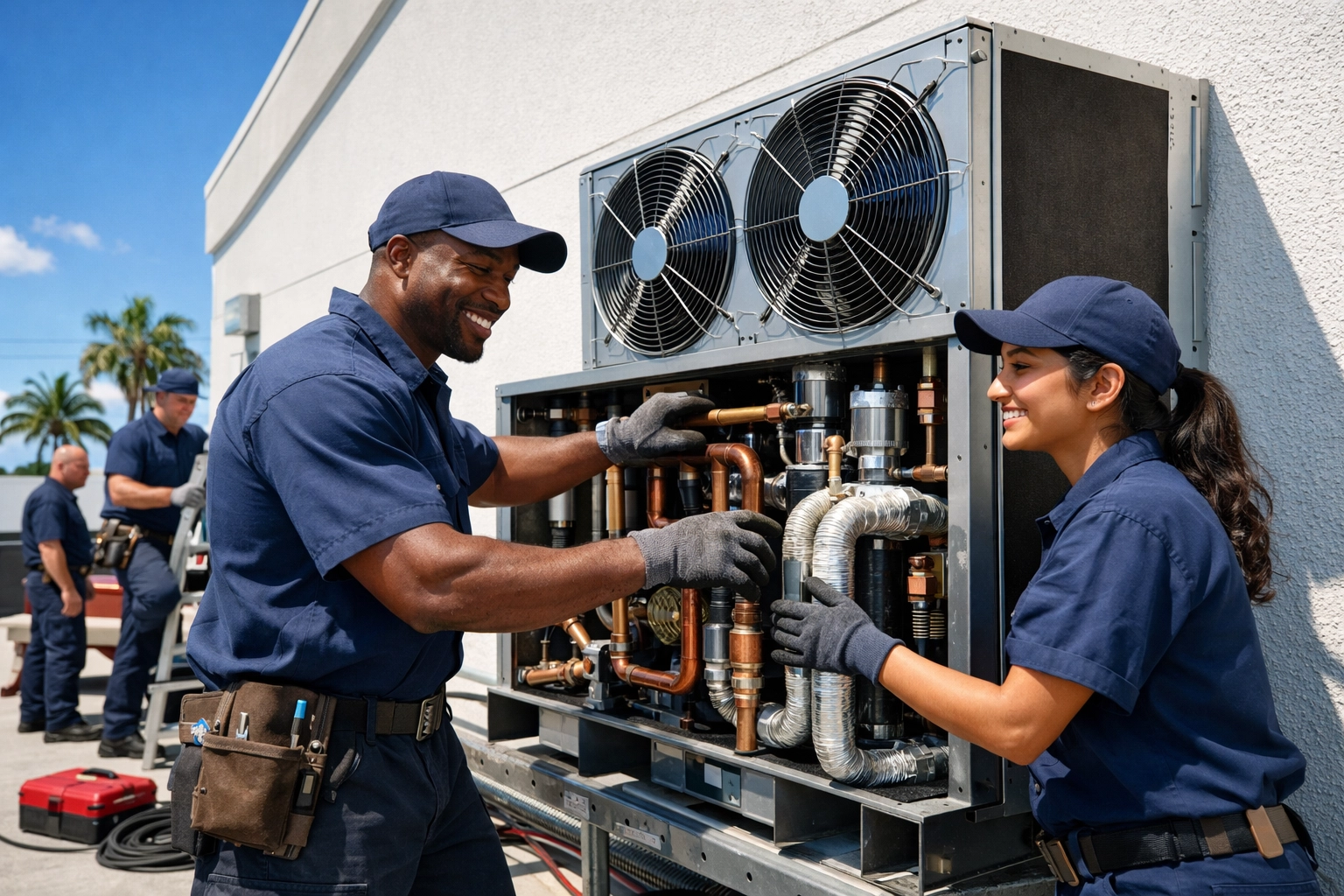 Professional HVAC team completing an installation representing high-impact AI business process optimization